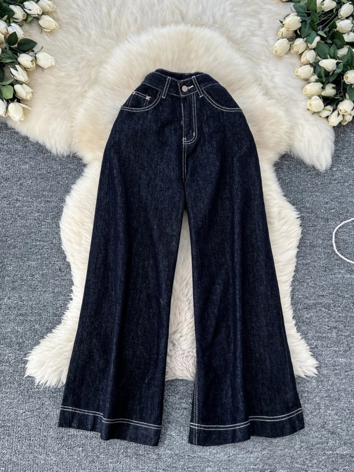 Retro Blue High Waist Plus Size Women's Washed Jeans - Loose Straight Wide Leg Denim Pants for Streetwear & Casual Outfits | Perfect for Fall Fashion, Everyday Wear and Comfortable Office Looks