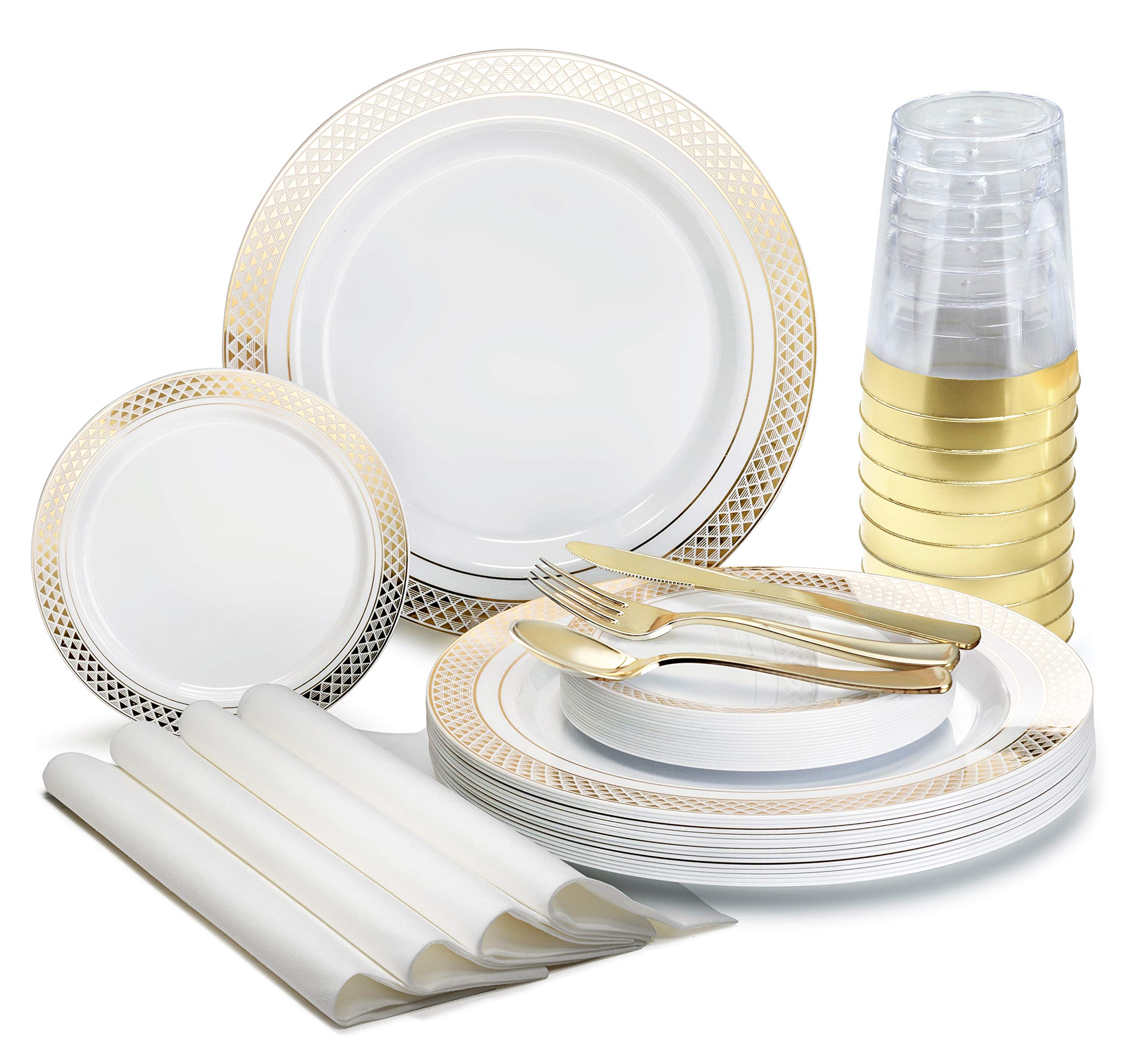 840-Piece Heavyweight Disposable Wedding Party Plate Set - 120 x 10.5'' Dinner Plates, 120 x 6.25'' Dessert Plates, Gold Silverware, Cups & Napkins - Elegant White & Gold Theme for 120 Guests - Perfect for Weddings, Anniversaries & Formal Celebrations