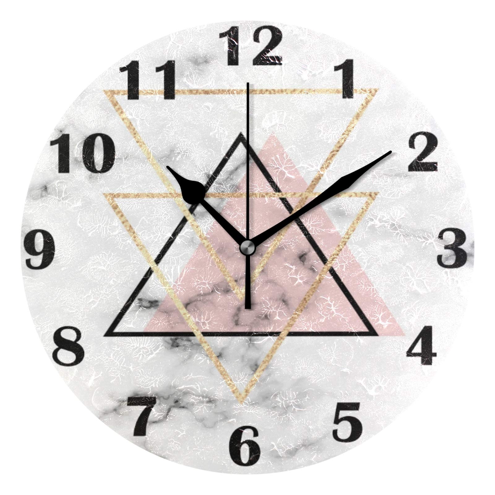 10 Inch White Marble Gold Triangle Geometric Wall Clock - Silent Non-Ticking Quartz Analog Battery Operated - Dual Use Desk & Wall Clock for Home, Bedroom, Living Room, Office Decor | Modern Art Decor for Contemporary Spaces