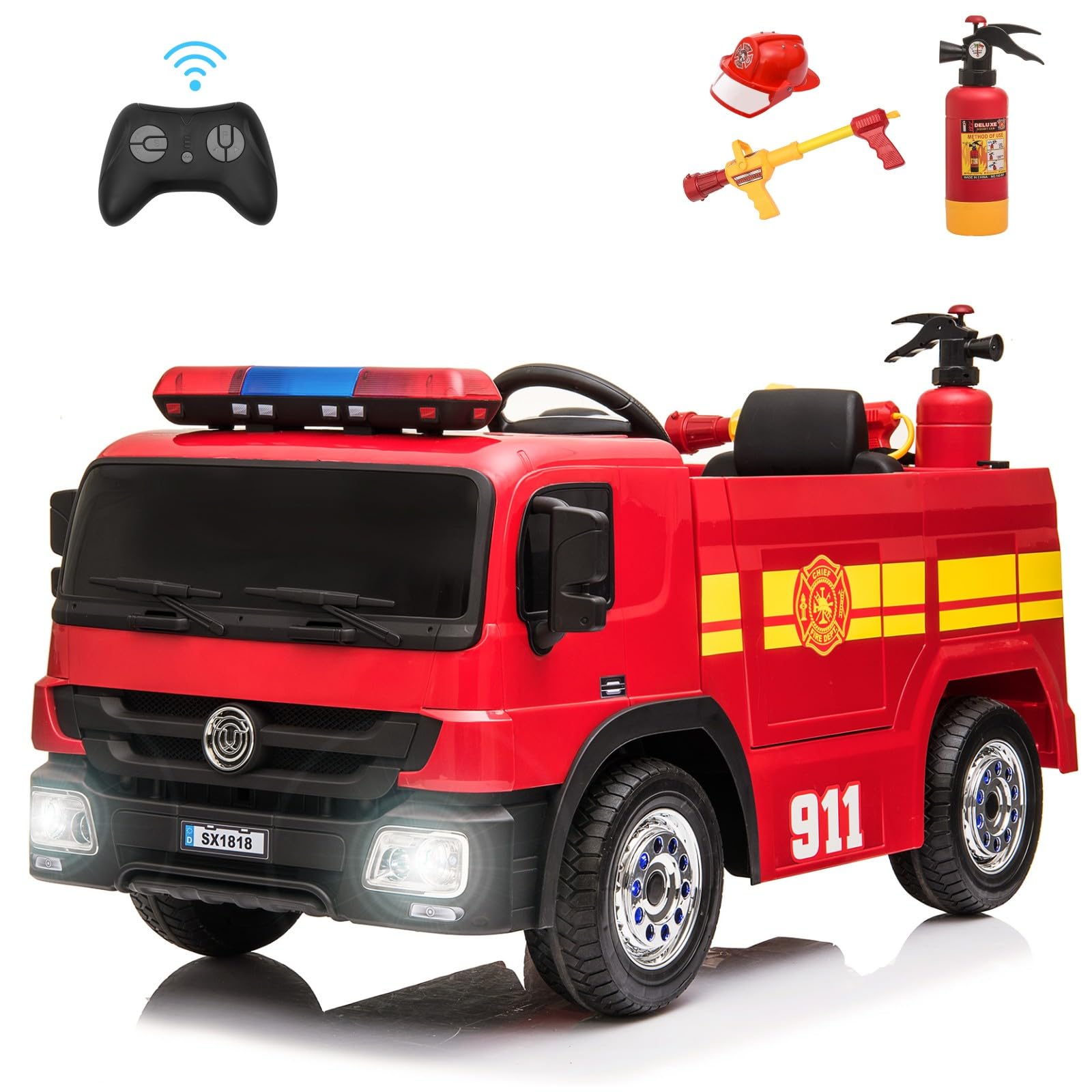 TLSUNNY 12V Kids Electric Ride On Fire Truck Toy - Remote Control Motorized Fire Engine Car with Spring Suspension, 3 Speeds, Water Gun, Firefighter Hat & Extinguisher - Perfect for Birthday Gifts & Outdoor Play