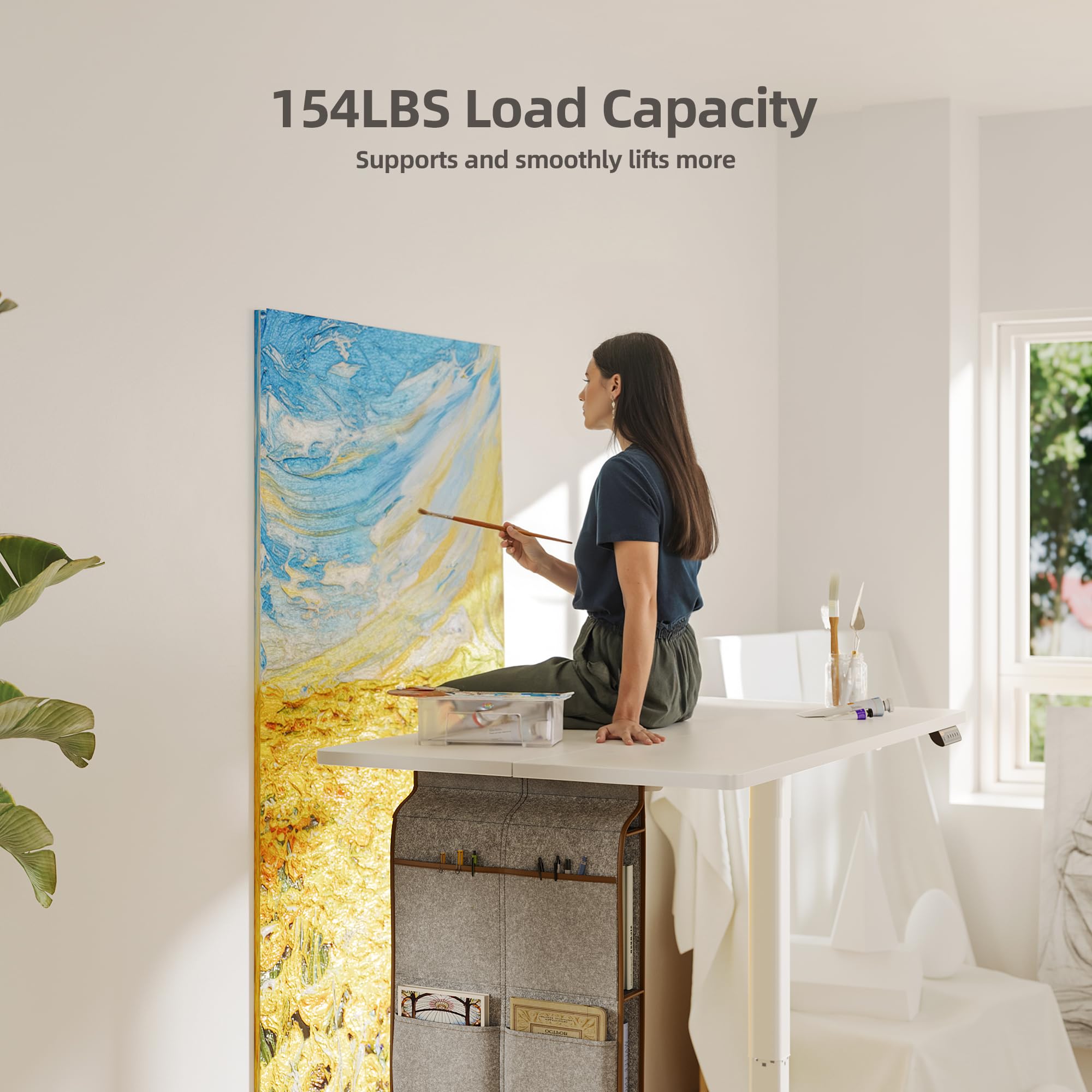 Claiks 48x24 Inch Electric Standing Desk - Adjustable Height, Spacious Storage Bag & Headphone Hook - White Sit Stand Desk for Home Office, Gaming & Study Workstation - Perfect for Remote Work & Ergonomic Workspaces