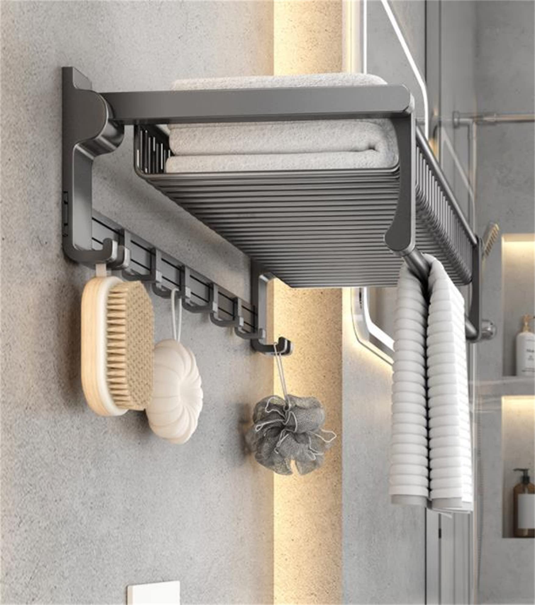 KK5 4-Piece Foldable Bathroom Towel Rack Set with Towel Bar & 9 Hooks - Space Saving Aluminum Wall Mounted Organizer for Shower, Bathroom & Kitchen - Perfect for Towels, Robes & Shower Accessories Storage