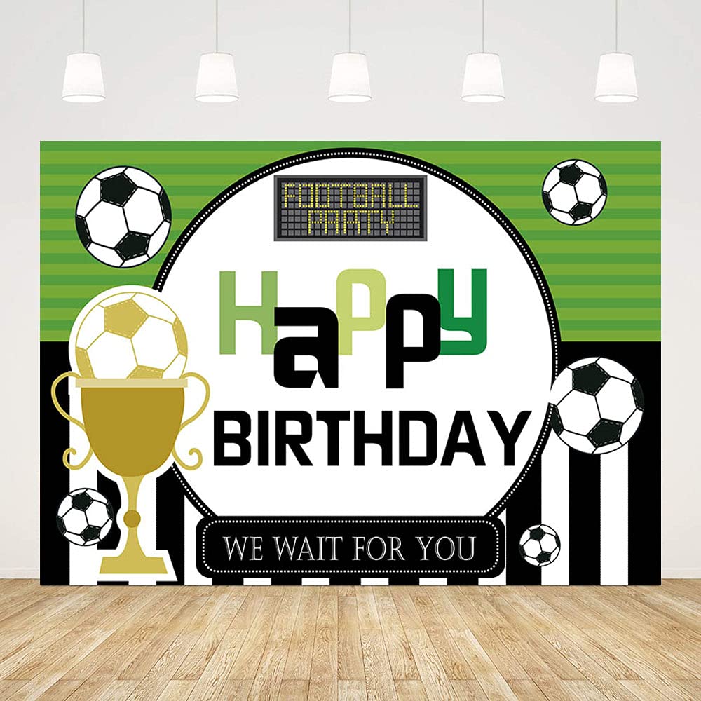 7x5ft Soccer Birthday Backdrop - Football Champions Trophy Party Decor for Boys, Green Lawn Black White Stripe Photo Background, Cake Table Banner Props - Perfect for Birthday Parties, Sports Celebrations & Photo Booths