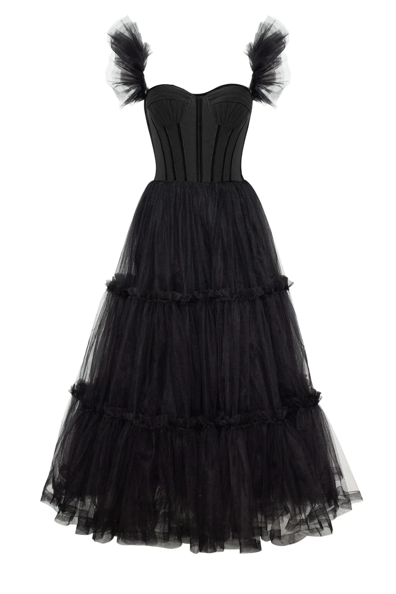 Elegant A-Line Black Ruffled Tulle Prom Dress 2201 - Perfect for Homecoming, Formal Dances & Evening Parties