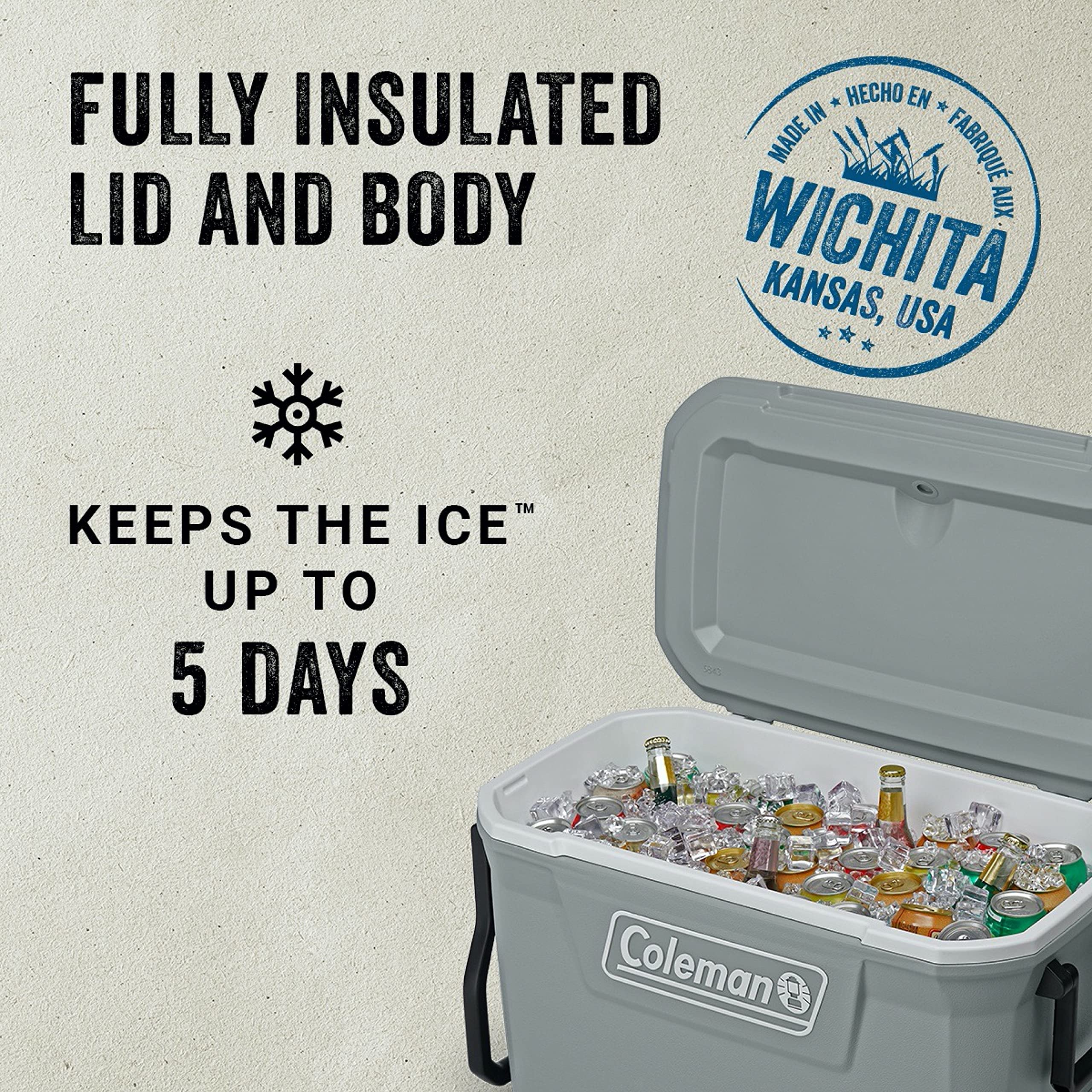 Coleman 316 Series 62-Quart Wheeled Cooler - Heavy Duty Insulated Cooler with Leak-Proof Design, 58L Capacity Holds 101 Cans, Keeps Ice for 5 Days - Perfect for Camping, Beach Trips, Tailgating, Sports Events & Outdoor Adventures
