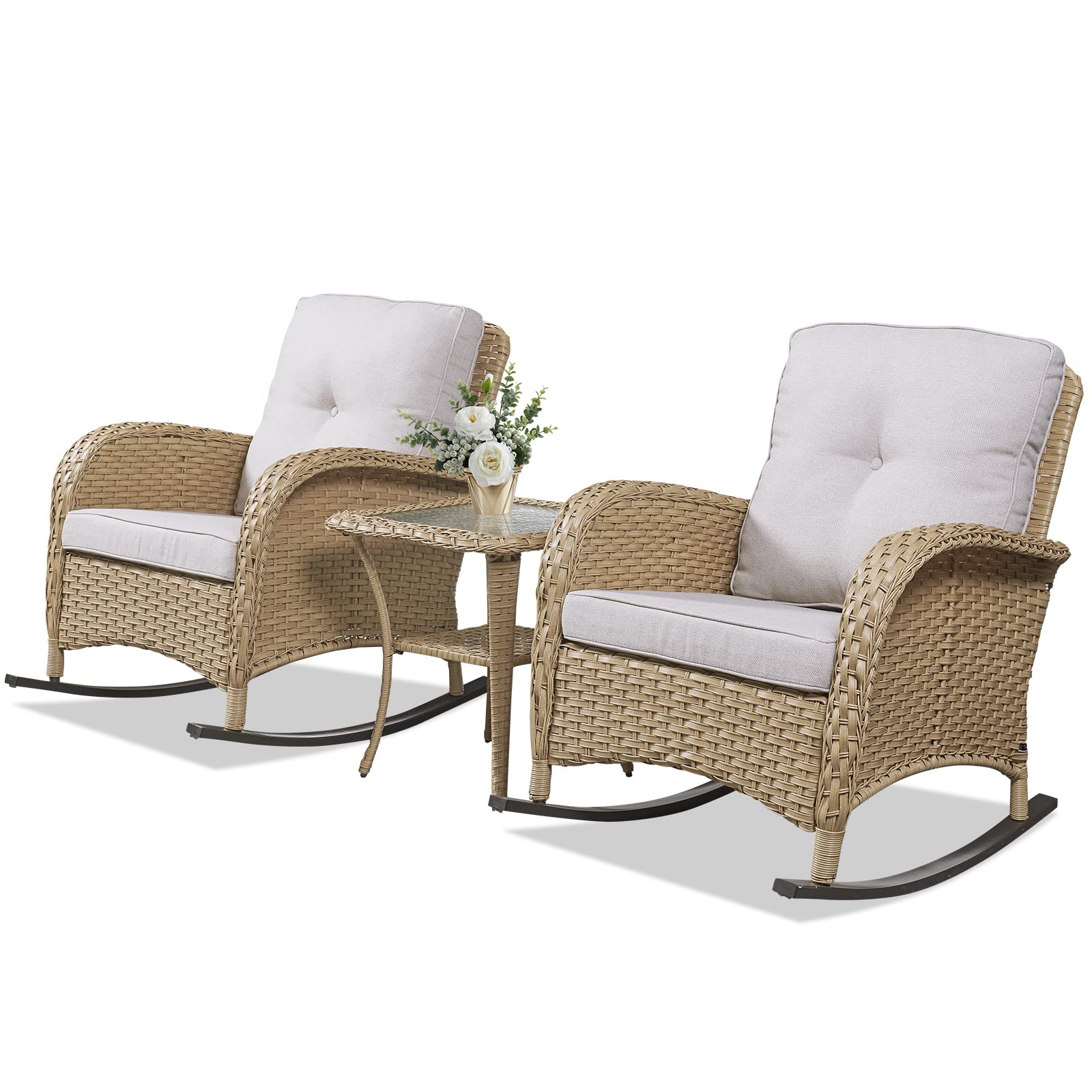 2-Piece Wicker Rocking Chair Set for Porch & Patio - Outdoor Rocking Chairs with Cushions & Side Table - Perfect for Relaxing on Your Deck, Garden or Backyard