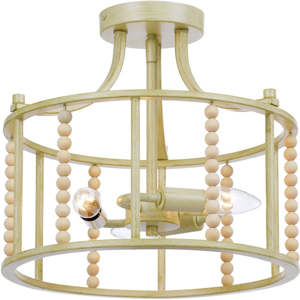 Hanover Calliope Natural Wood Bead Semi-Flush Mount Ceiling Light Fixture - Antique Cream Finish - 3-Light Hardwired Chandelier for Bedroom, Living Room, Dining Room, Kitchen & Hallway | Perfect for Farmhouse, Boho & Rustic Home Decor