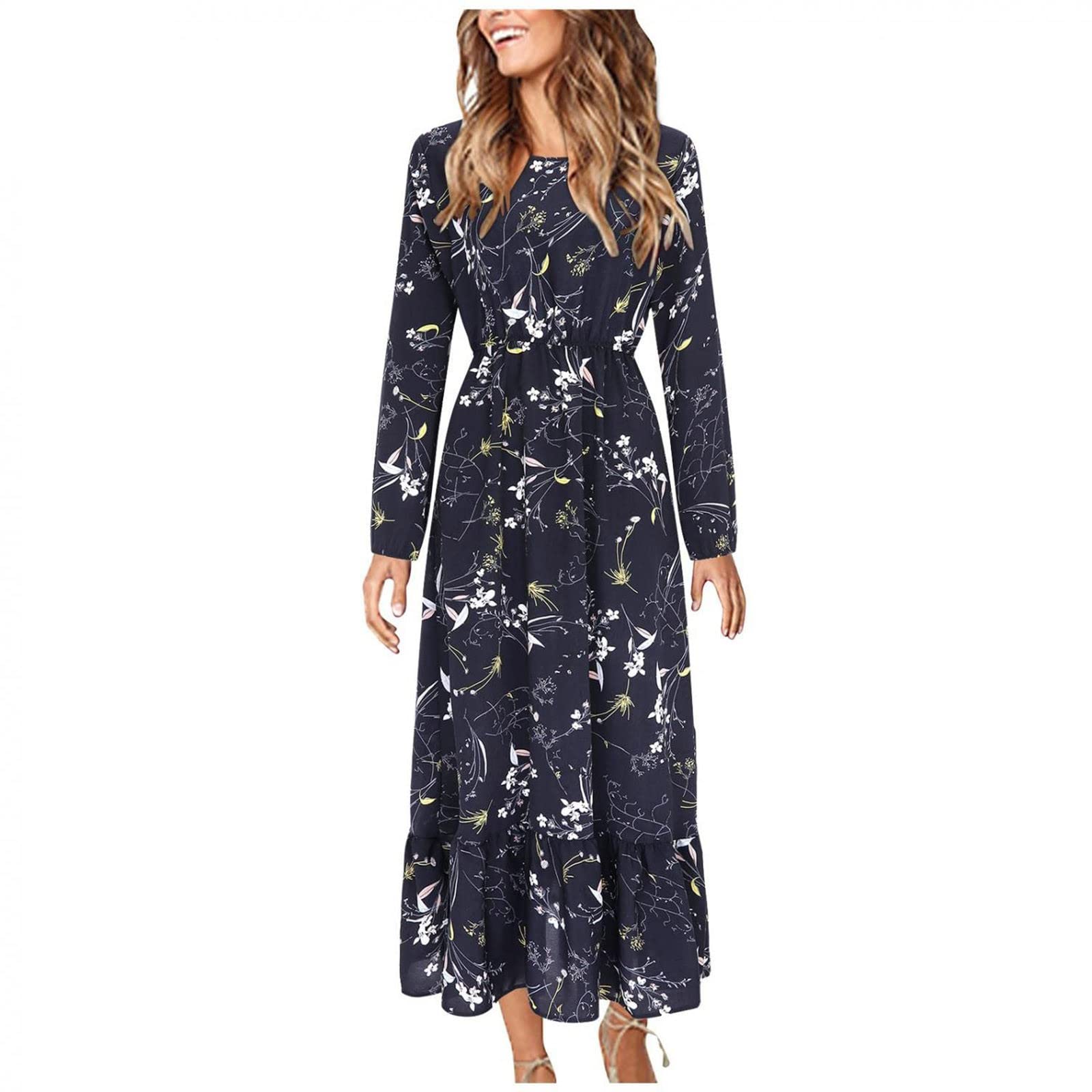 Women's Floral Graphic Bodycon Dress - Long Sleeve Crewneck Ankle-Length Dress for Summer & Fall | Perfect for Date Night, Office Wear & Casual Outings