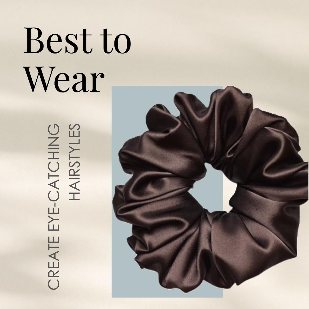 Premium Satin Silk Hair Scrunchies Set of 3 - Soft Ponytail Holders & Volumizing Hair Ties for Women & Girls (Large, Coffee) | Perfect for Work, Gym, Sleep & Everyday Styling
