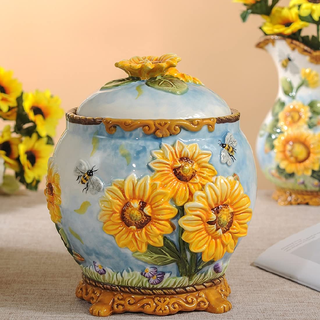 Handmade Ceramic Food Storage Containers with Lids - 3D Sunflower Design, Airtight Kitchen Jars for Flour, Sugar, Coffee & Spices | Decorative Countertop Organizer for Pantry & Home Decor