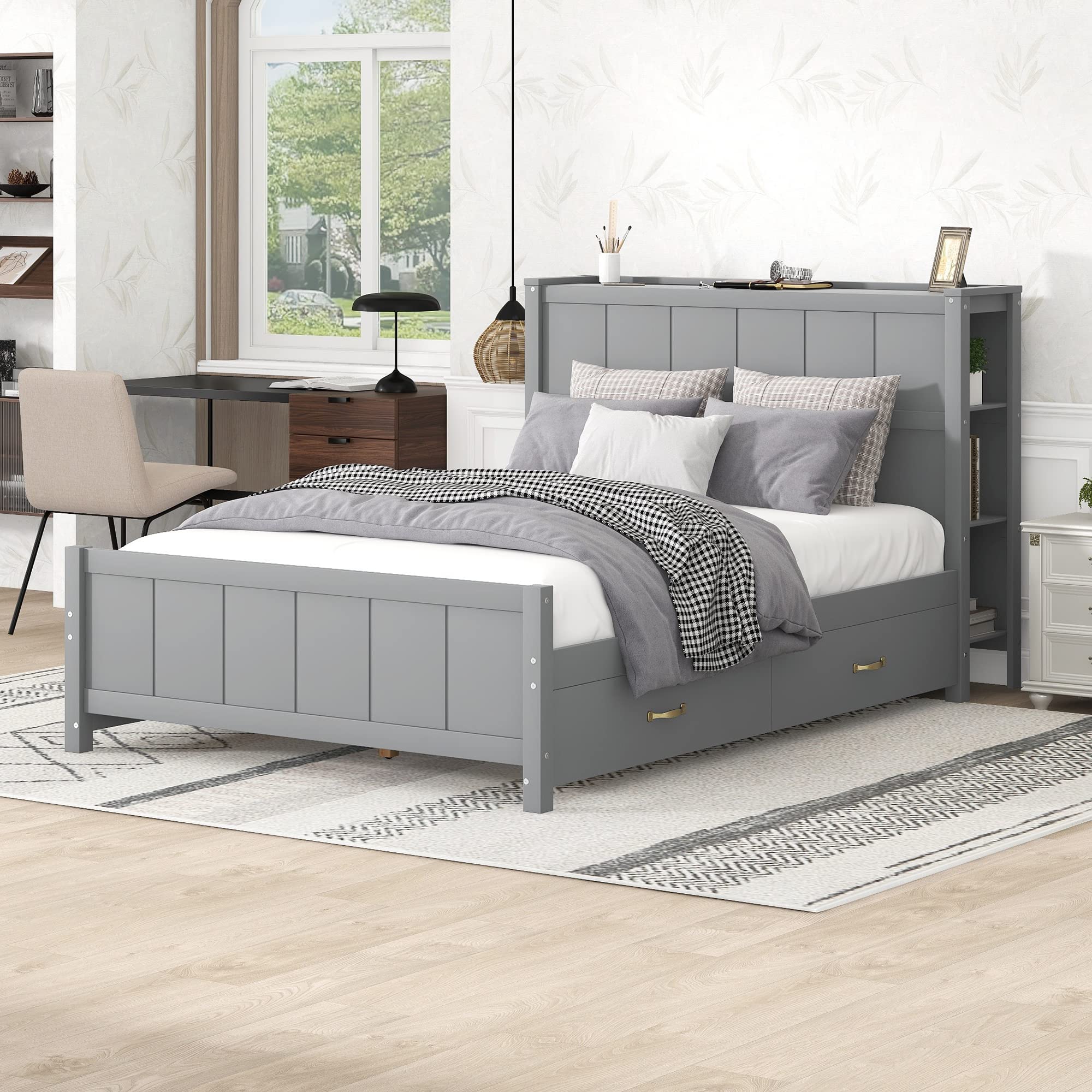 KELRIA Full Size Platform Bed Frame with Storage Drawers & Shelves - Solid Pine Wood, Easy Assembly, Gray - Perfect for Bedroom, Living Room, Guest Room, Kids Room & Dorm