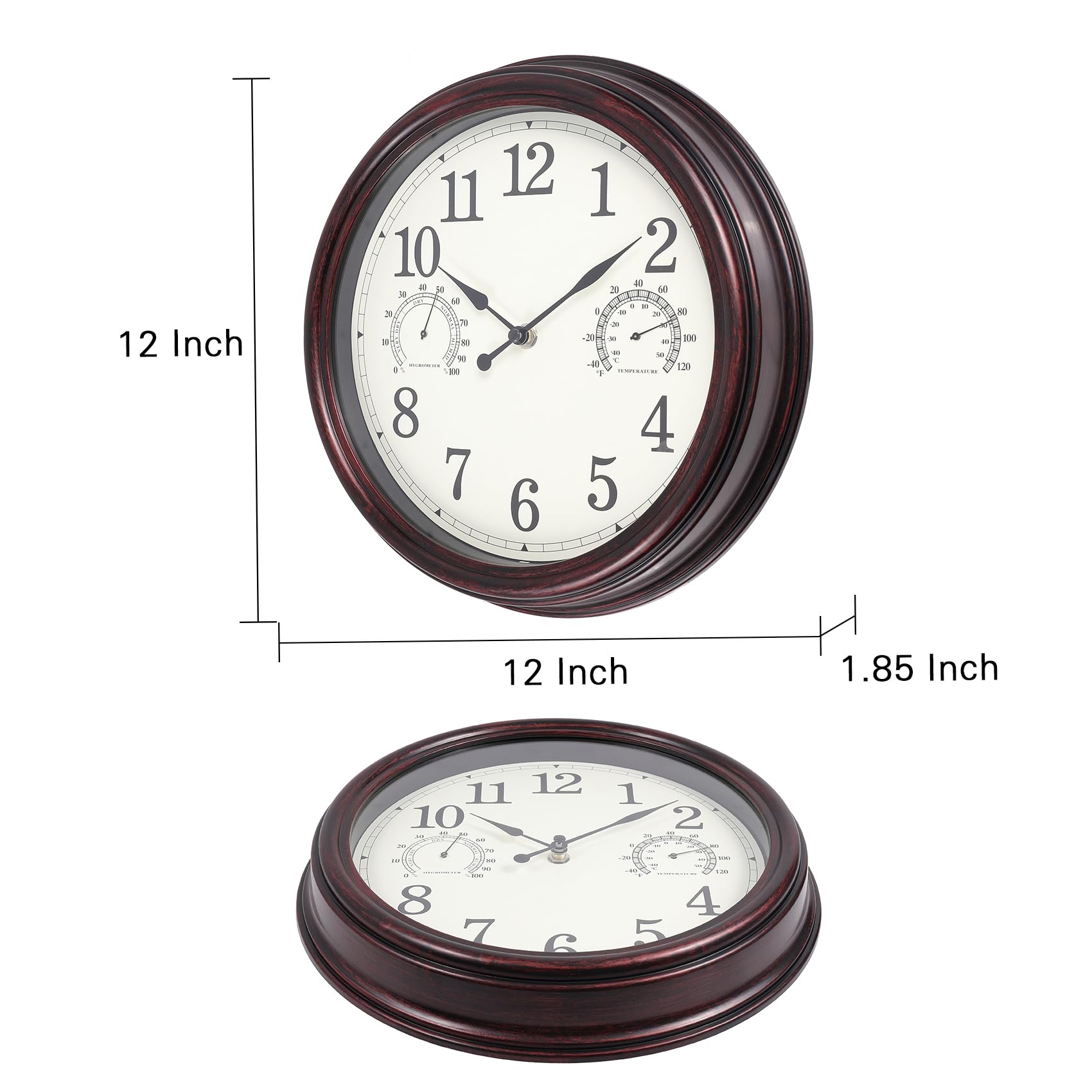 12 Inch Outdoor Wall Clock with Temperature & Humidity - Waterproof Plastic Patio Clock for Garden, Backyard & Porch - Weather Resistant Dark Brown Wall Clock for Outdoor Decor & Home Use