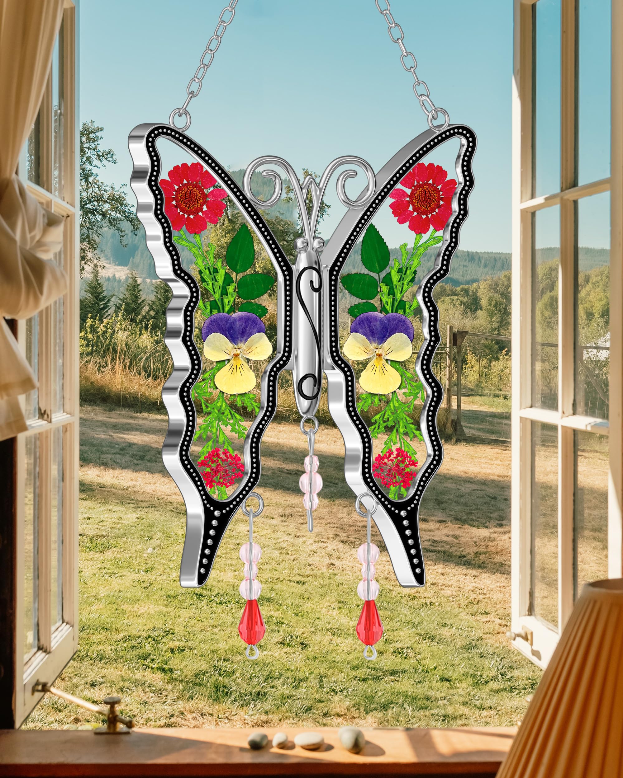 KY&BOSAM Butterfly Suncatcher Window Hanging - Pressed Flower Glass Ornament with Metal Engraving - DIY Gift for Mom, Mother's Day, Valentine's, Birthday, Thanksgiving & Christmas - Perfect for Home Decor, Garden Windows & Special Occasion Gifting