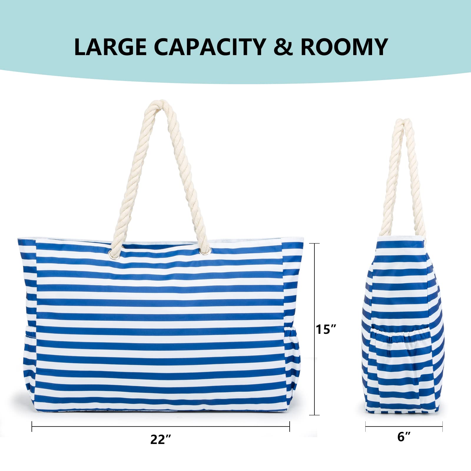 Waterproof & Sandproof Large Beach Tote Bag for Women with Zipper & Multiple Pockets - KUAK Durable Pool & Family Beach Essentials for Vacation, Swimming & Outdoor Activities
