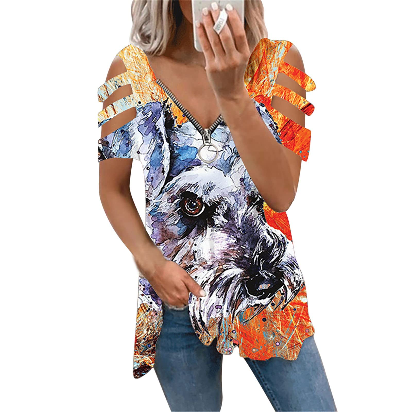 Women's Long Sleeve Printed V-Neck Zipper Off-Shoulder Casual Top - Green Workout Shirt for Yoga, Gym & Everyday Wear
