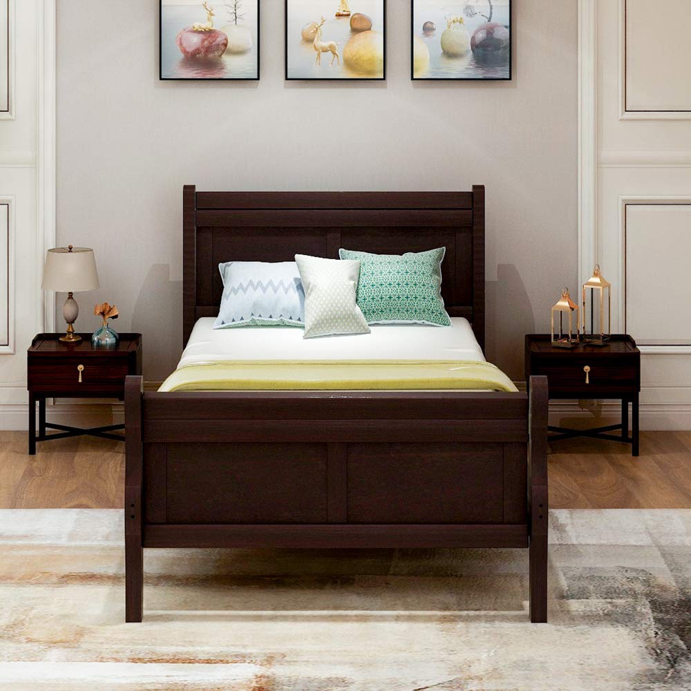 PovKeever Twin Size Wood Platform Bed Frame with Headboard & Footboard - Solid Wood Sleigh Design, Mattress Foundation with Wood Slat Support - Perfect for Kids Rooms, Guest Bedrooms & Small Spaces