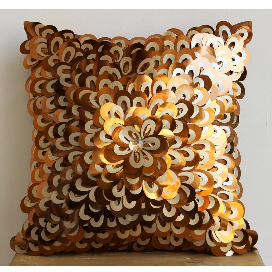 Premium Copper Textured Floral Pillow Shams 24x24 Inch - Luxury Silk Square Decorative Cushion Covers with Sequins for Bedroom Sofa - Modern Abstract Easter Floral Design Home Decor