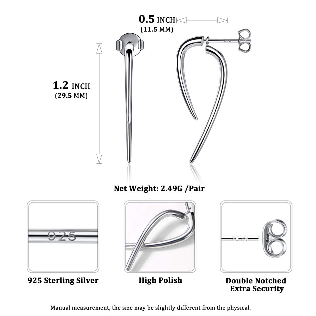 Hypoallergenic 925 Sterling Silver Curved Stud Earrings for Women | Minimalist Bar Drop Dangle Earrings | Sensitive Ears Jewelry | Perfect for Daily Wear, Office & Special Occasions