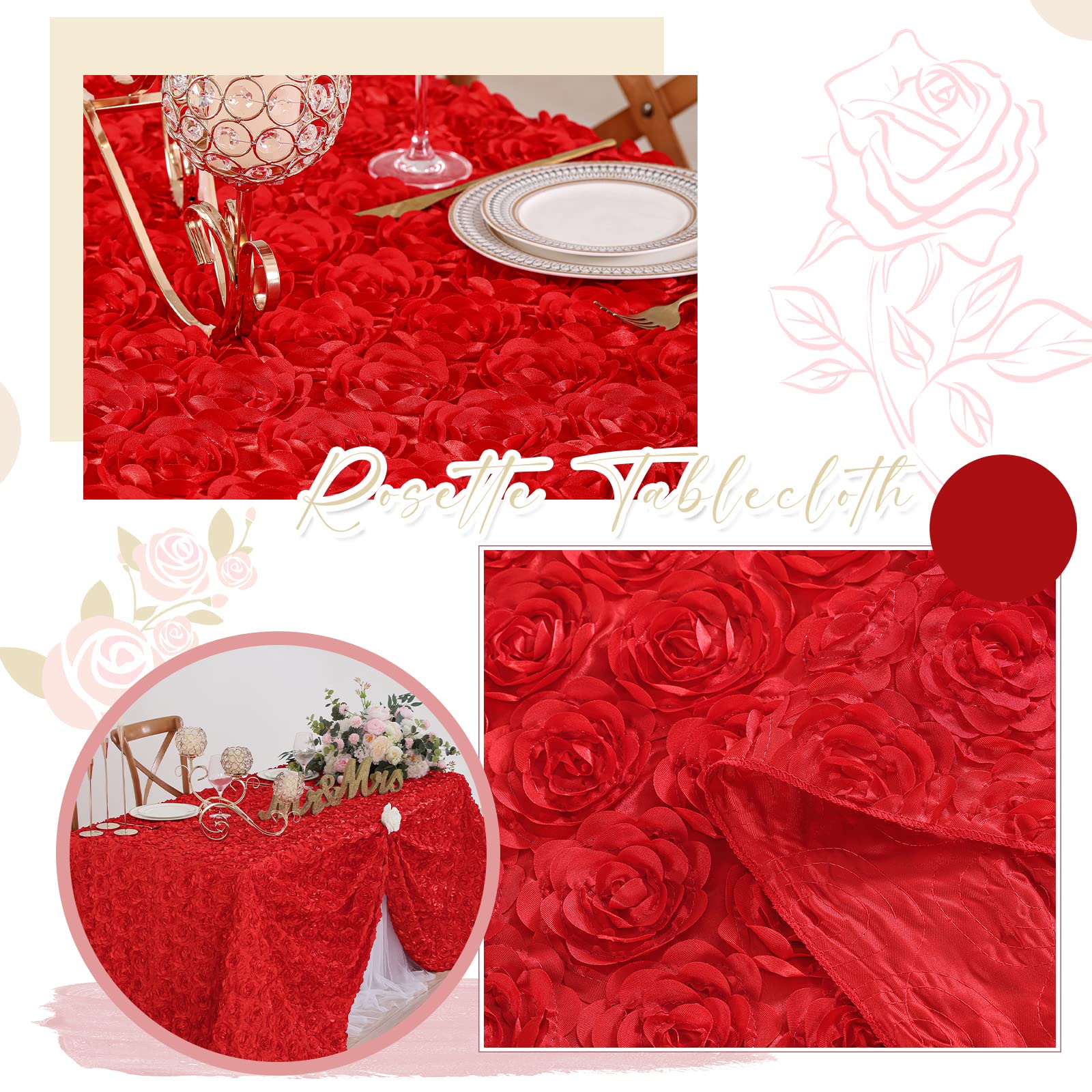 Fanqisi Red Satin Floral Tablecloth 90x156 Inches - Elegant Rectangle Party Table Cover for Wedding, Baby Shower & Holiday Decorations | Perfect for Banquet, Reception & Special Event Table Settings
