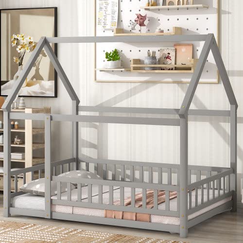 Full Size Wooden Bed Frame with Roof and Guardrails - Easy Assembly House Bed for Kids, Teens, Boys & Girls (White) | Perfect for Bedroom, Playroom, and Kids' Sleep Safety