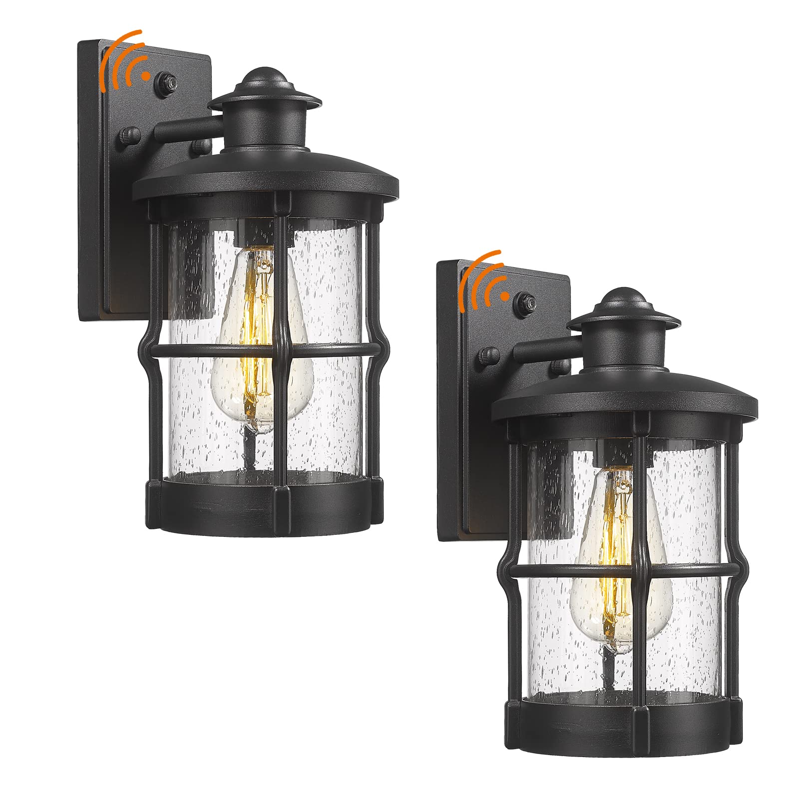 Outdoor Wall Sconces 2 Pack - Dusk to Dawn Exterior Wall Mount Lighting with Seeded Glass & Black Finish - Perfect for Porch, Patio, Garden, and Entryway Lighting