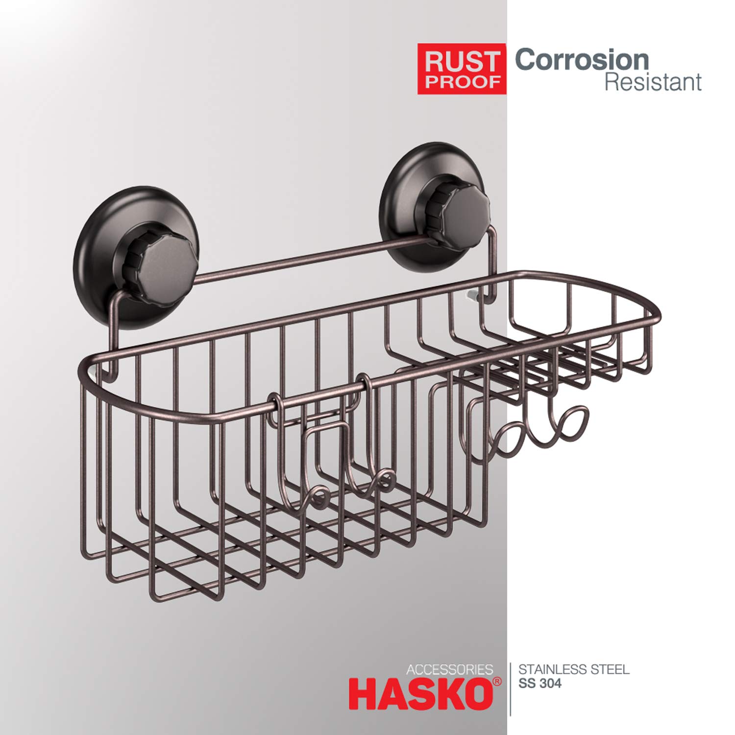 Stainless Steel Shower Caddy Organizer with Powerful Vacuum Suction Cups, Soap Holder & Hooks - Bronze Bathroom Storage Basket for Shampoo & Essentials - Perfect for Small Bathrooms & Apartment Showers