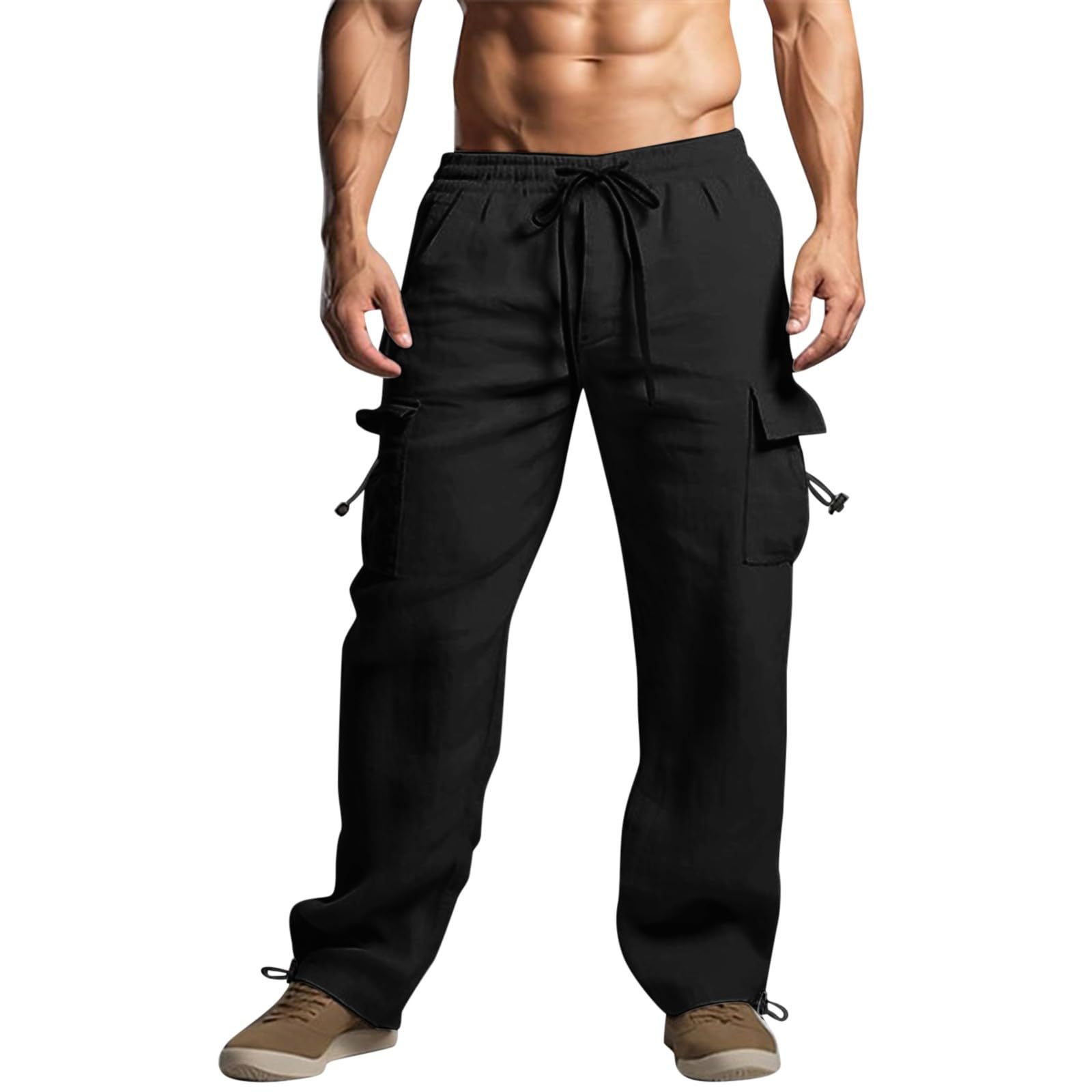Kainawee Men's Cotton Linen Pants - Loose Fit Elastic Waist Joggers with Drawstring & Pockets | Breathable Casual Lounge Pants for Spring Summer | Perfect for Home, Travel & Outdoor Activities