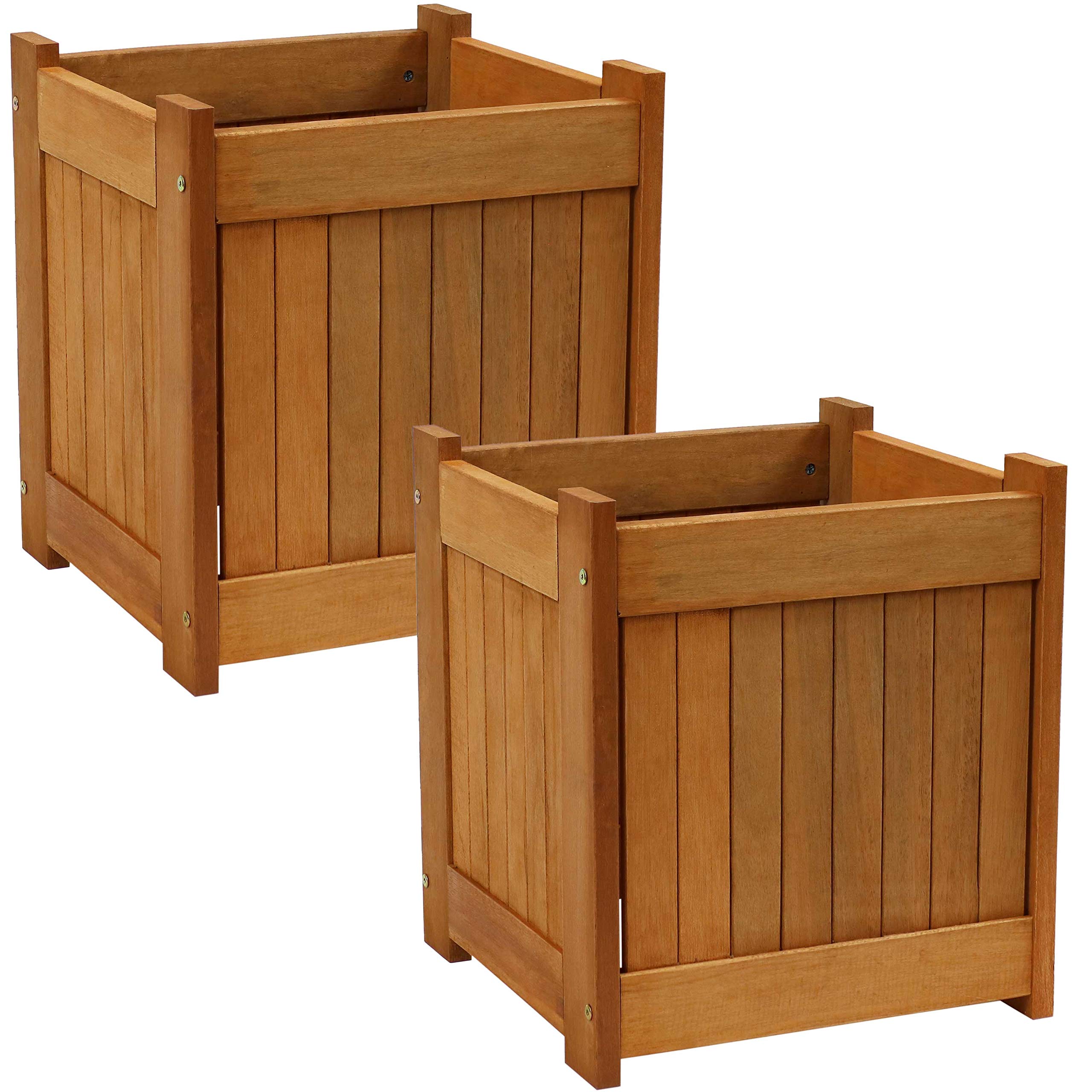 Sunnydaze 16-Inch Square Meranti Wood Planter Box with Teak Oil Finish - Set of 2 for Indoor/Outdoor Garden, Patio, and Balcony Decor