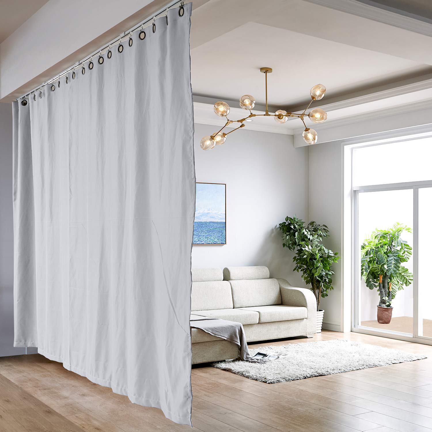 ChadMade Heavyweight Room Darkening Curtains & Ceiling Track Kit - XXX-Large B, Fits 14ft to 18ft Wide x 9ft Tall Space, Greyish White, 2 Panels (9.5ft W x 8.5ft H) - Perfect for Bedroom, Living Room, Office Privacy & Light Blocking