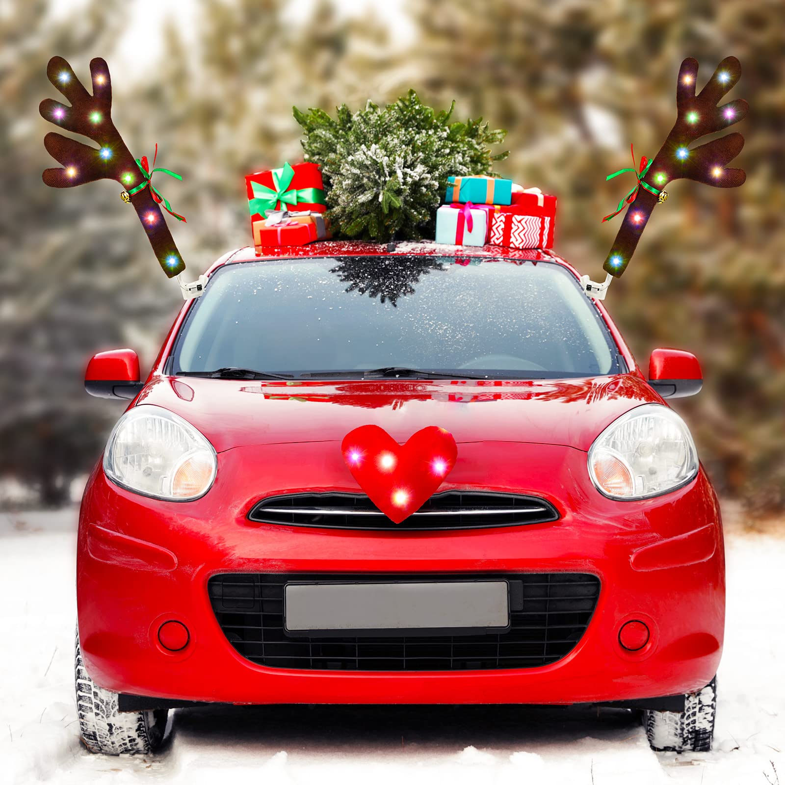 LED Reindeer Christmas Car Antlers Kit with Nose & Tail - Fun Holiday Car Decor for Christmas Parades & Festive Road Trips