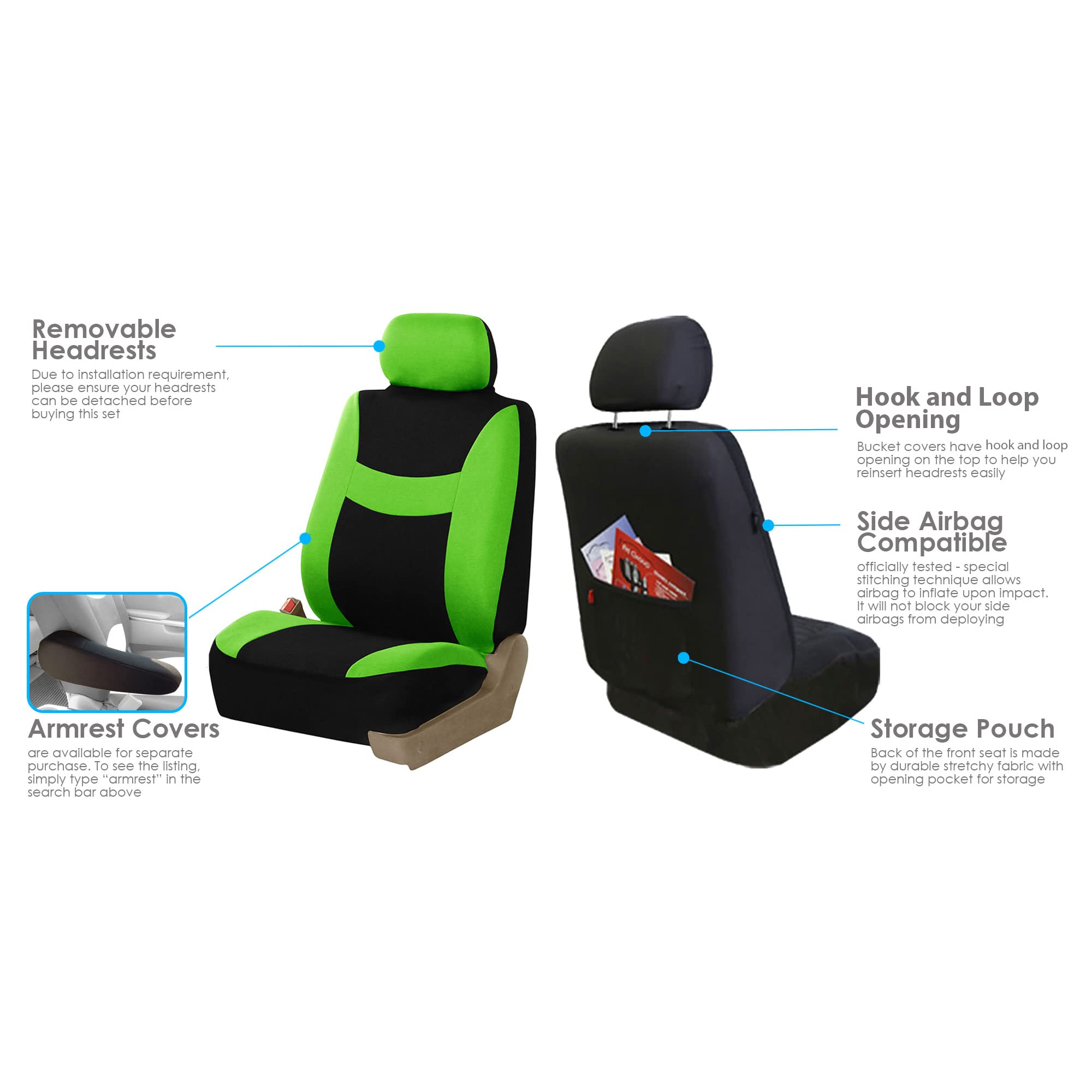 FH Group Light & Breezy Cloth Car Seat Covers - 7 Seater 3-Row Universal Fit for Cars, Trucks & SUVs - Airbag & Split Bench Compatible - Green/Black - Perfect for Family Road Trips & Daily Commutes