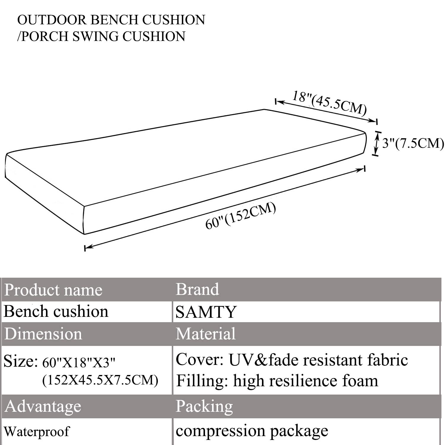 Waterproof Outdoor Bench Cushion 60x18 Inch - Garden, Porch & Patio Furniture Seat Pad for Swing, Chair & Window Seat - All-Weather Comfort for Backyard, Deck & Poolside Relaxation