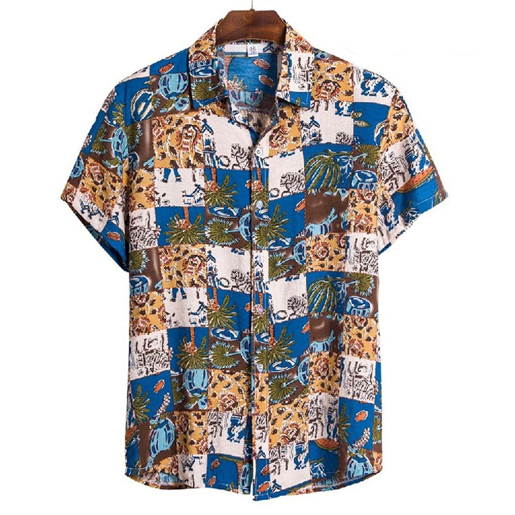ZSQAW Men's Casual Loose Fit Printed Short Sleeve Hawaiian Shirt - Blue XL | Summer Beach Vacation Shirt, Spring Summer Lapel Shirt for Tropical Holiday, Pool Party & Outdoor Activities