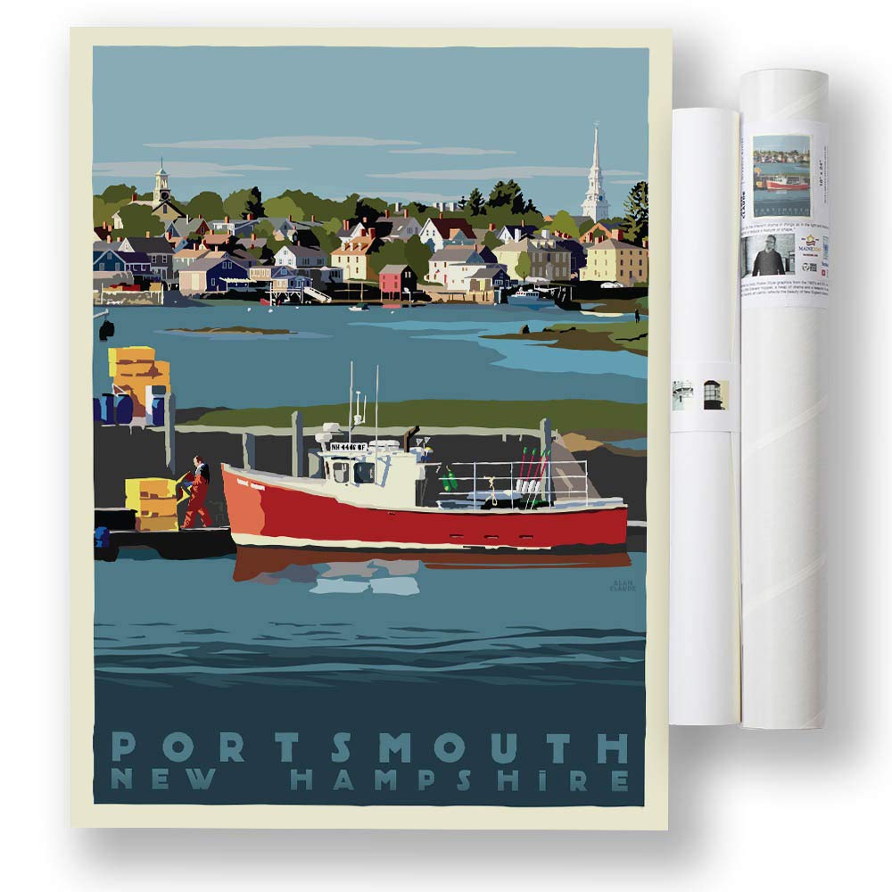 Portsmouth Lobster Boat New Hampshire Print - 18x24 Lighthouse Travel Poster Wall Art Decor for Coastal Home, Office & Nautical Themed Spaces