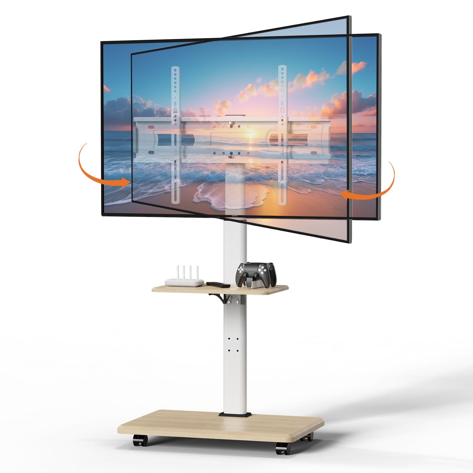 Mobile TV Stand with Wheels for 32-75 Inch Flat Screen TVs - Adjustable Height Swivel Rolling Cart with Wood Shelf | Perfect for Bedroom, Living Room & Home Office Entertainment Setup