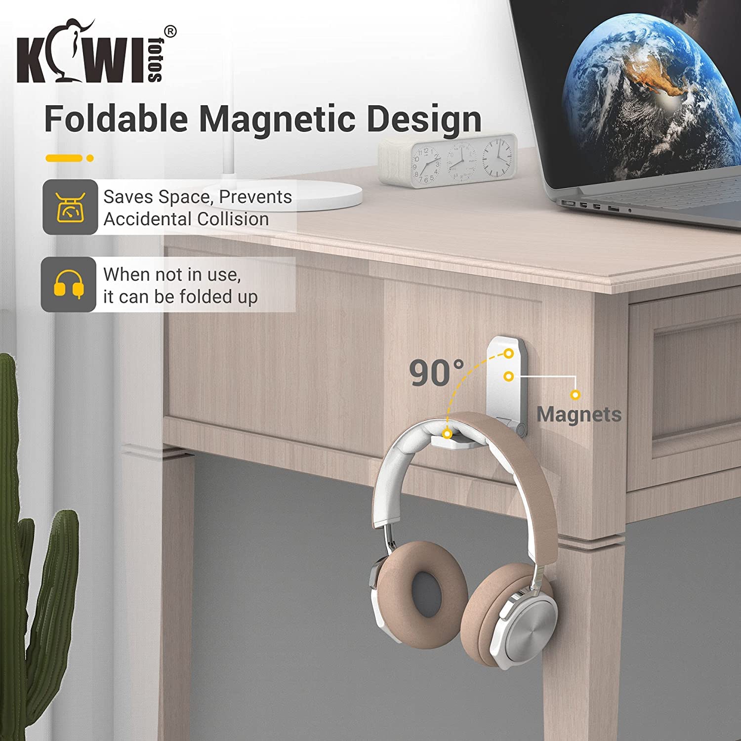 KIWIFOTOS Adhesive Desk Headphone Hanger - Foldable Under Desk Hook Mount for Gaming Headsets & PC Accessories - Wall Mountable Headset Holder Stand (White) - Perfect for Home Office, Gaming Setup & Workspace Organization