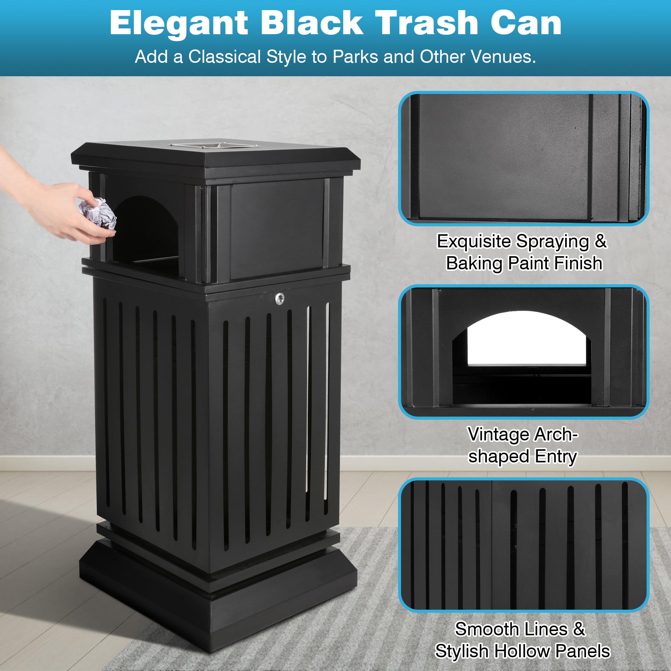 IRONWALLS Commercial Trash Can with Lid - 50 Gallon Black Outdoor Garbage Bin, Heavy-Duty Steel Square Waste Container with Side Opening & Removable Inner Bucket for Patio, Park, Garden, Restaurant, and Commercial Use - Weather-Resistant Decorative Trash Bin for Outdoor Spaces