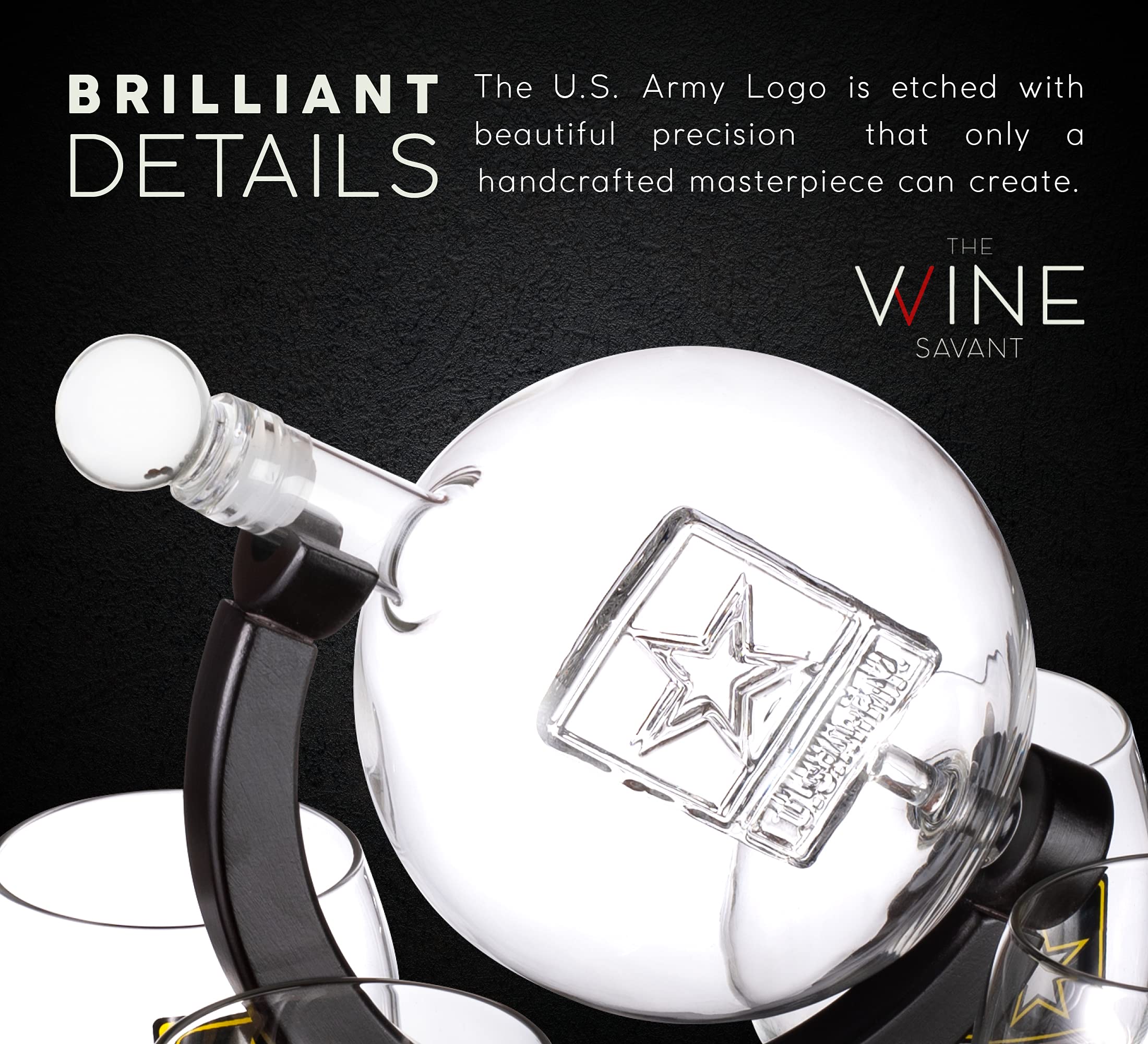 U.S. Army Whiskey Decanter Set with 4 Glasses & 9 Whiskey Stones - Wooden Flag Base Military Gift for Men, Veterans, Fathers - Perfect for Bourbon & Scotch Lovers - Ideal for Father's Day, Retirement, Home Bar Decor & Patriotic Celebrations