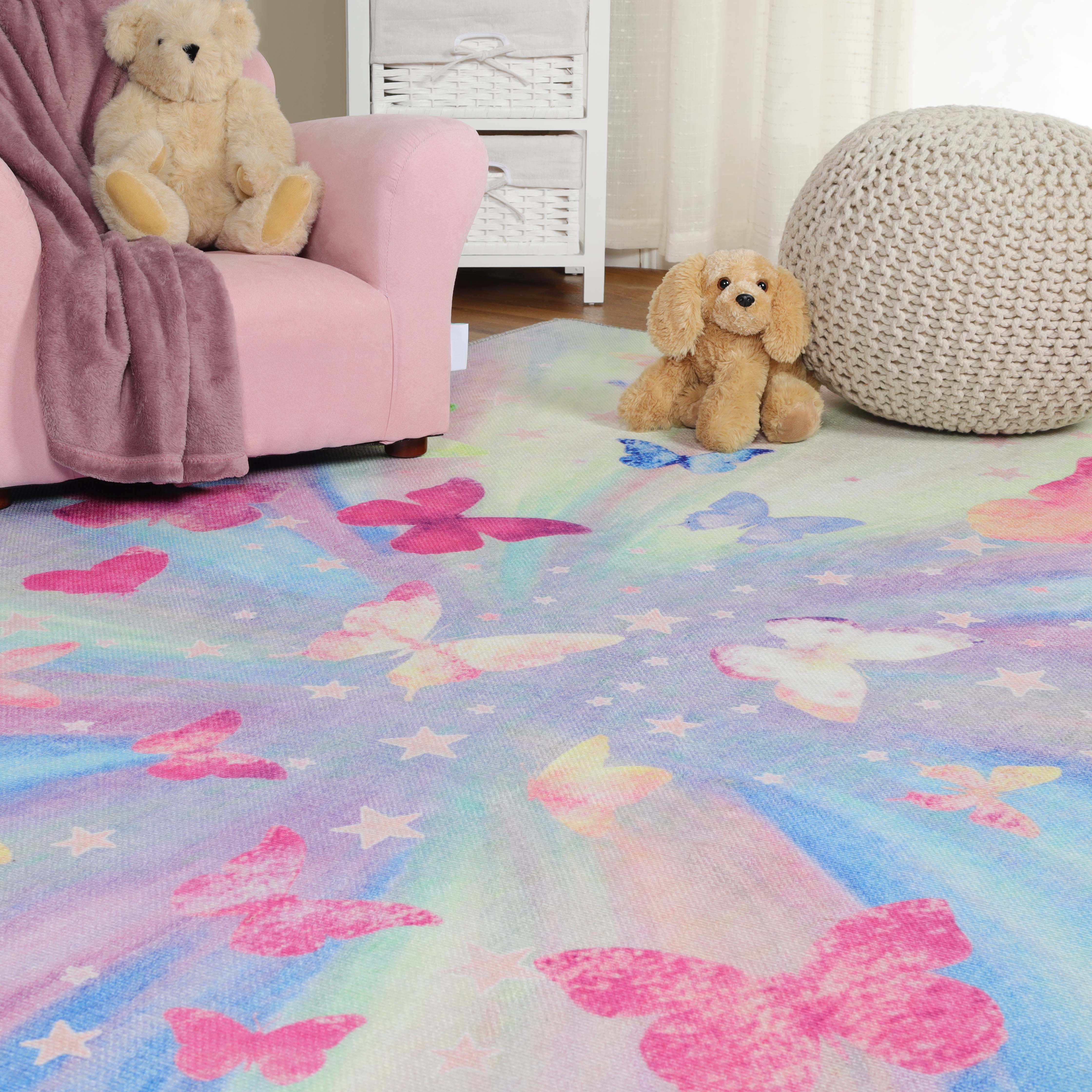 Non-Slip Butterfly Kids Playroom Rug - Washable Nursery Carpet for Toddlers & Children - Soft Indoor Floor Mat for Play Areas, Bedrooms & Daycare