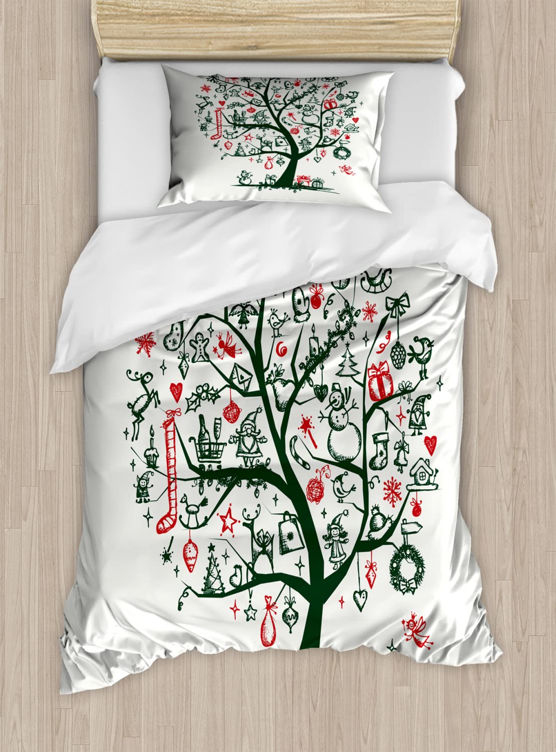 Ambesonne Christmas Duvet Cover Set King Size 2-Pack - Holiday Tree with Ornaments, Presents & Angels Design - 2 Duvet Covers & 4 Pillowcases in Green & Vermilion - Cozy Winter Bedding for Festive Home Decor