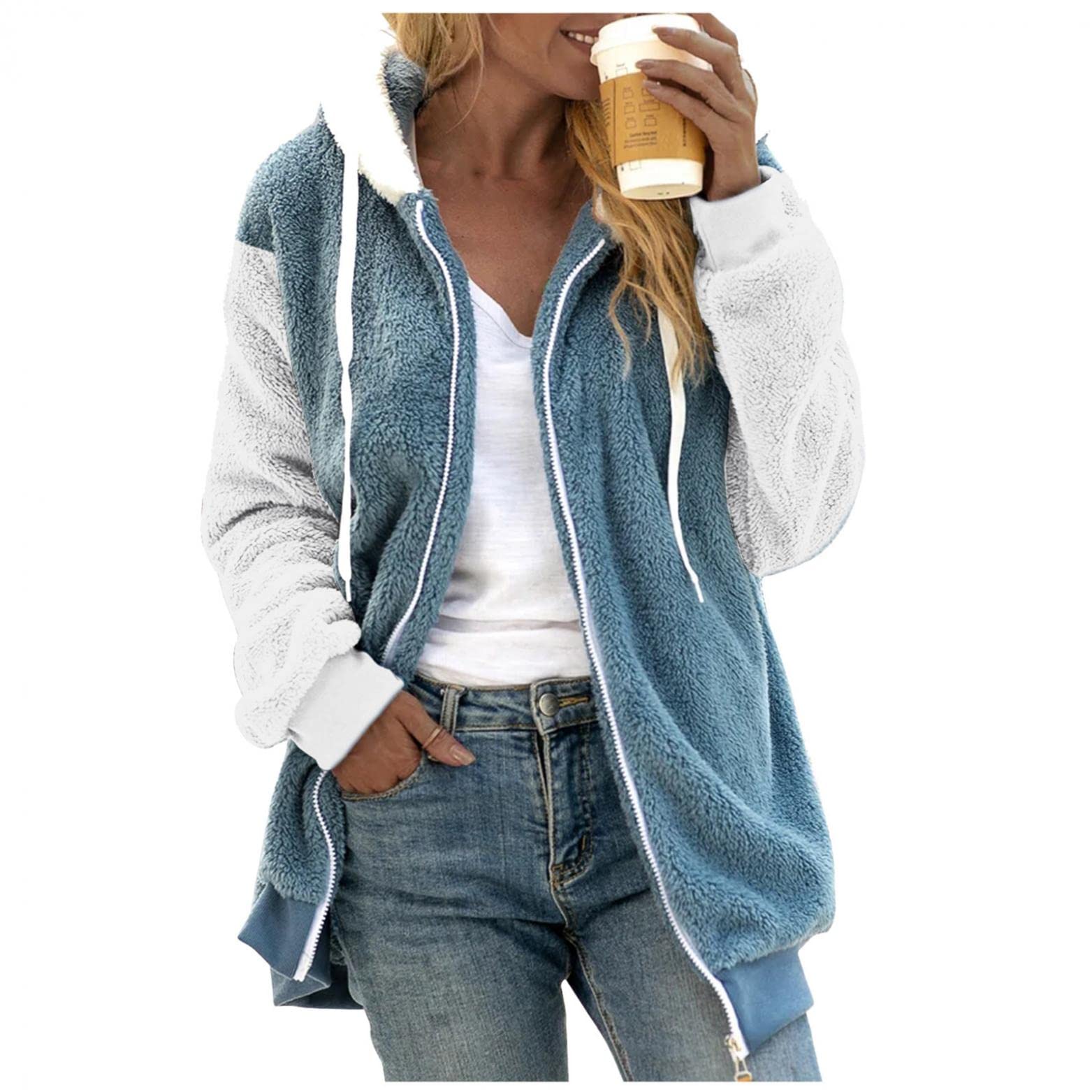 Women's Winter Coats - Color Block Sherpa Faux Fur Jacket with Pockets & Zip Up Hood | Warm Outerwear for Cold Weather | Perfect for Snow Days, Outdoor Activities & Winter Fashion