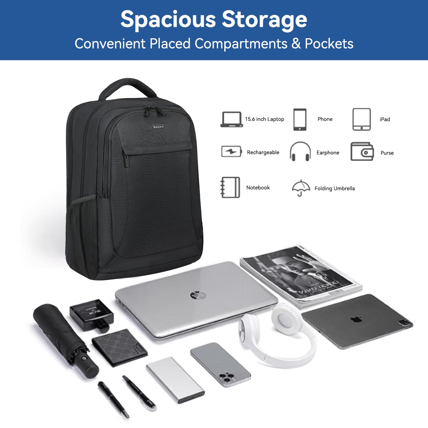 Voova Travel Laptop Backpack for Women & Men - USB Charging Port, Waterproof & Slim Design, Fits 15.6 Inch Laptops - Durable Business Work & College Computer Bag (Black) - Perfect for Commuting, Business Trips & School Use