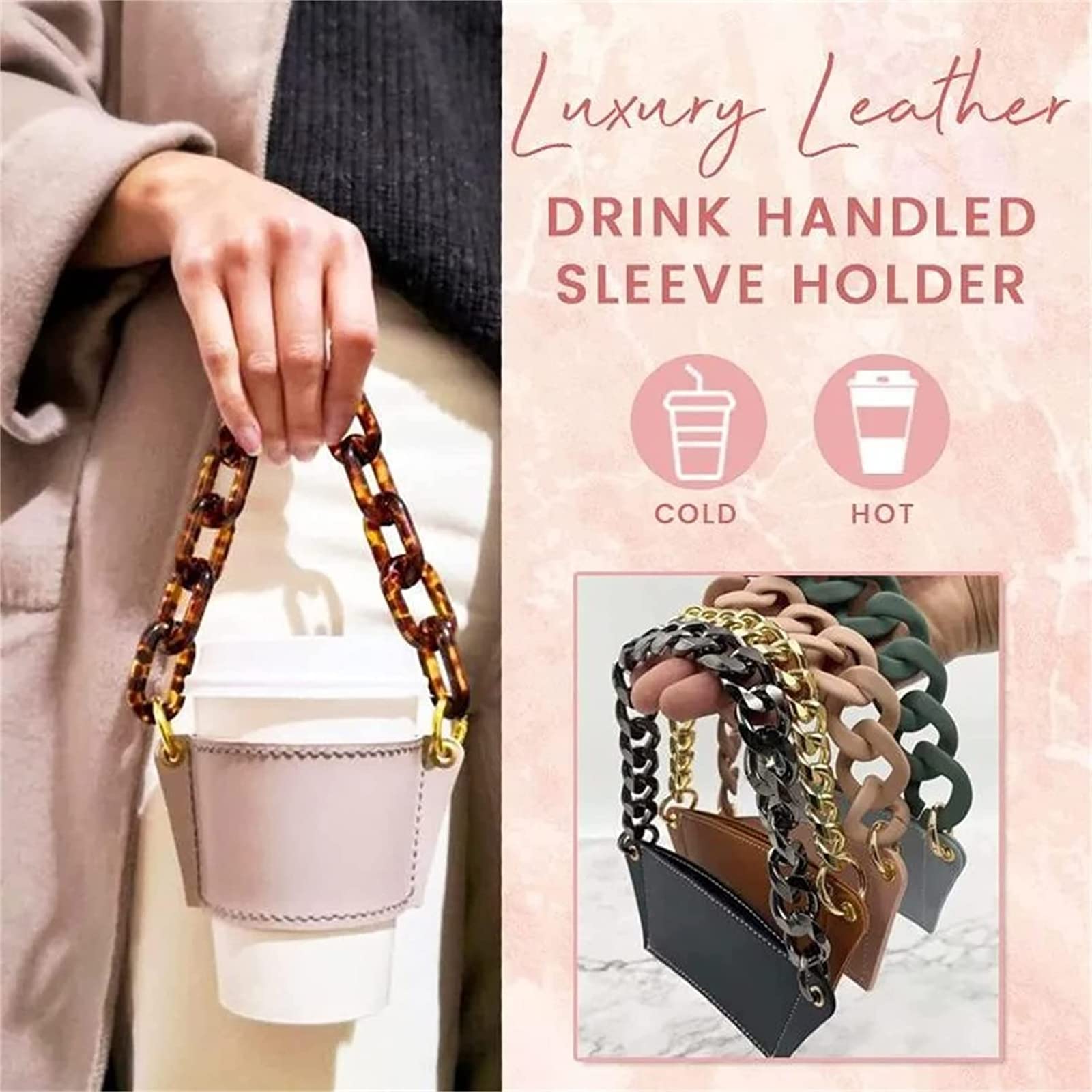 Premium Leather Coffee Cup Holder with Detachable Metal Chain - Insulated Reusable Travel Mug Sleeve for Hot/Cold Drinks - Portable Beverage Holder for Commuting, Office & Outdoor Activities (Gold)