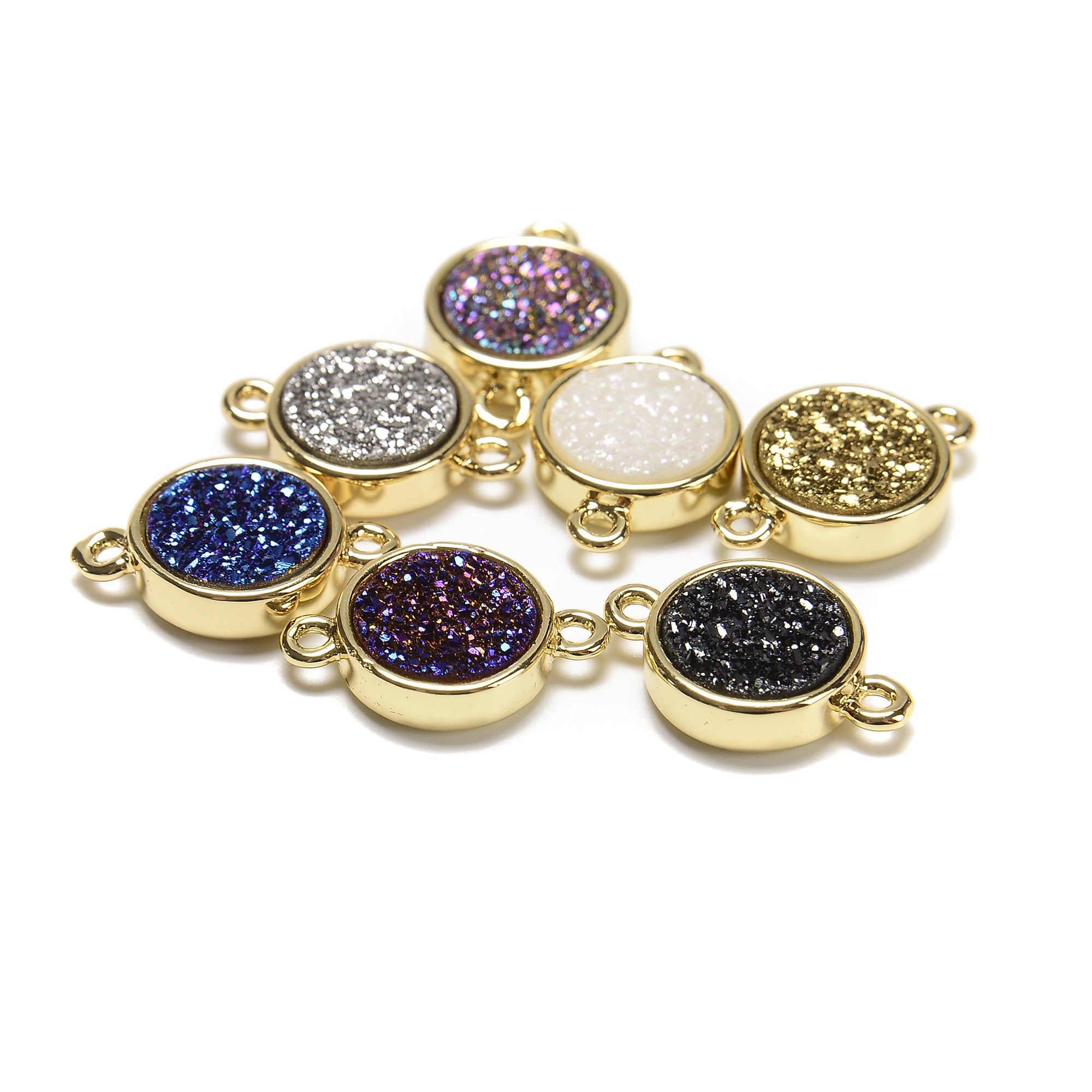 7 Colors Druzy Agate Crystal Gold Edge Round Connector Pendant Charm 12mm - Perfect for Jewelry Making, DIY Crafts, Necklaces & Bracelets