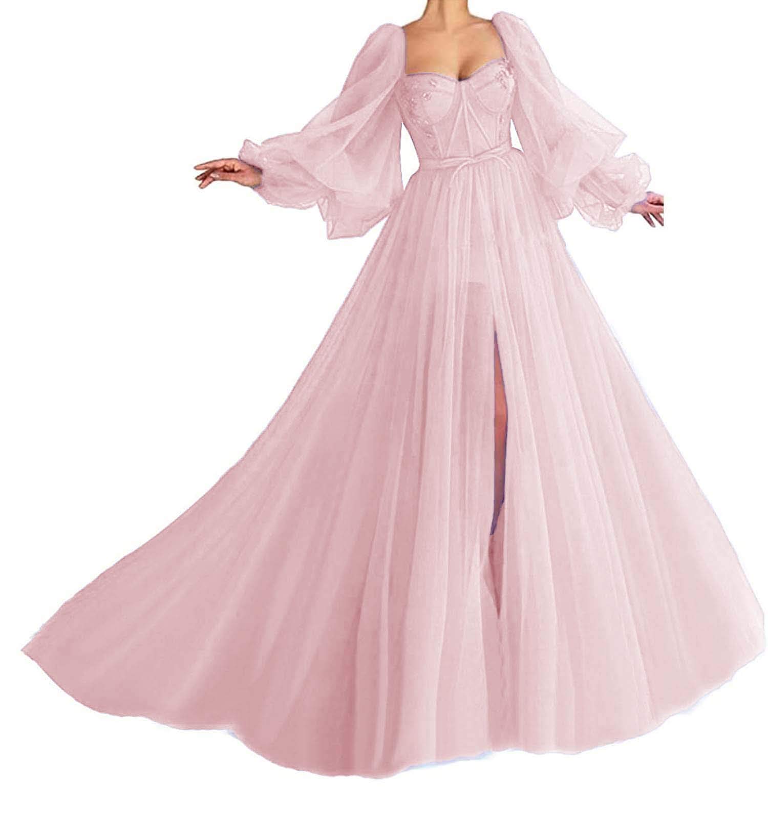 Vintage Tulle Puffy Sleeve Prom Dress with Sweetheart Neckline & High Slit - Elegant Long Evening Party Gown for Homecoming, Wedding Guest & Formal Events