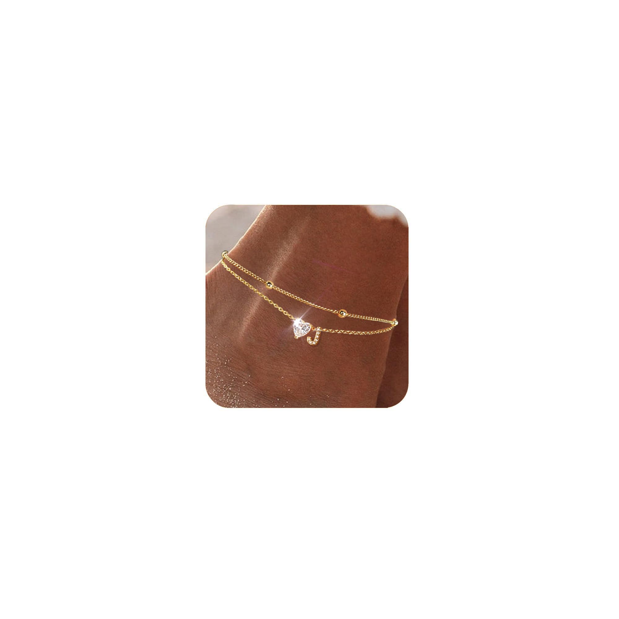 14K Gold Plated Waterproof CZ Initial Anklet for Women - Dainty Adjustable Layered Letter Heart Ankle Bracelet, Handmade Foot Chain Jewelry for Summer, Beach, Wedding & Everyday Wear