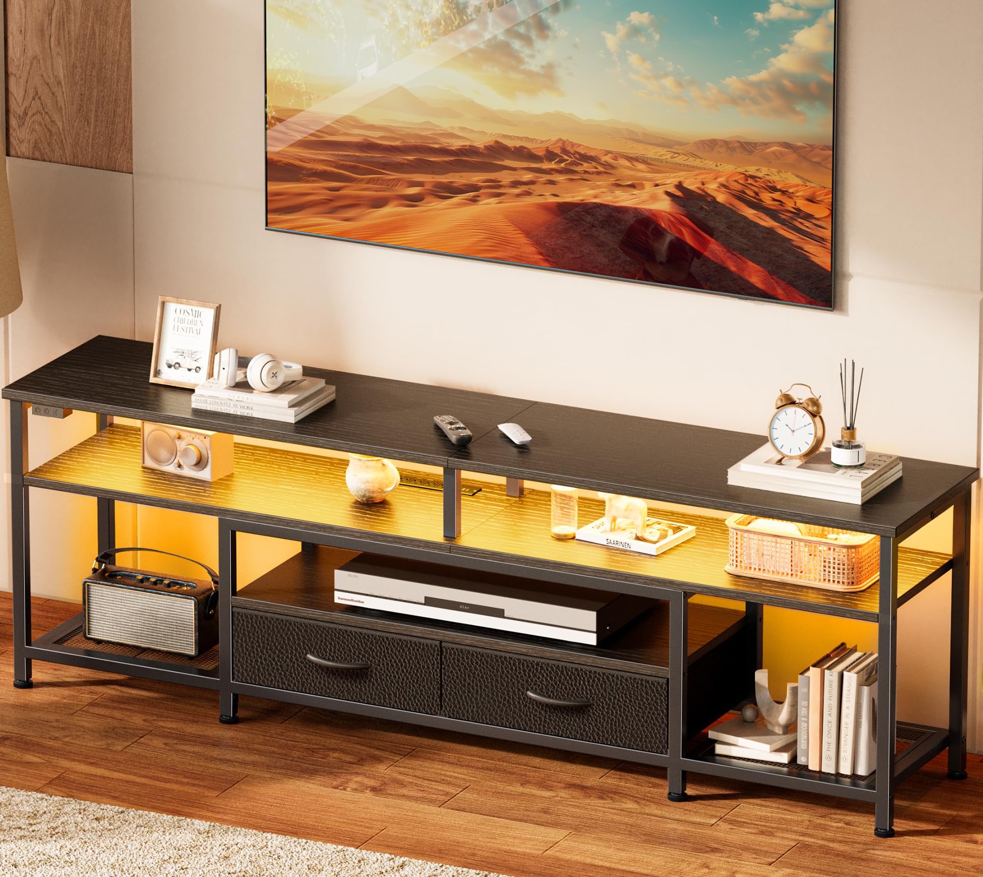 Huuger 65-70 Inch TV Stand with Power Outlets & LED Lights - Modern Entertainment Center with Storage Drawers & Shelves - Black Media Console for Living Room, Home Theater & Gaming Setup