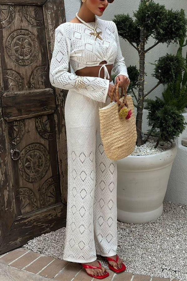 Women's Solid Color Hollow Knit Top & Stretchy Wide Leg Pants Casual Outfit Set - Perfect for Work, Travel and Everyday Wear