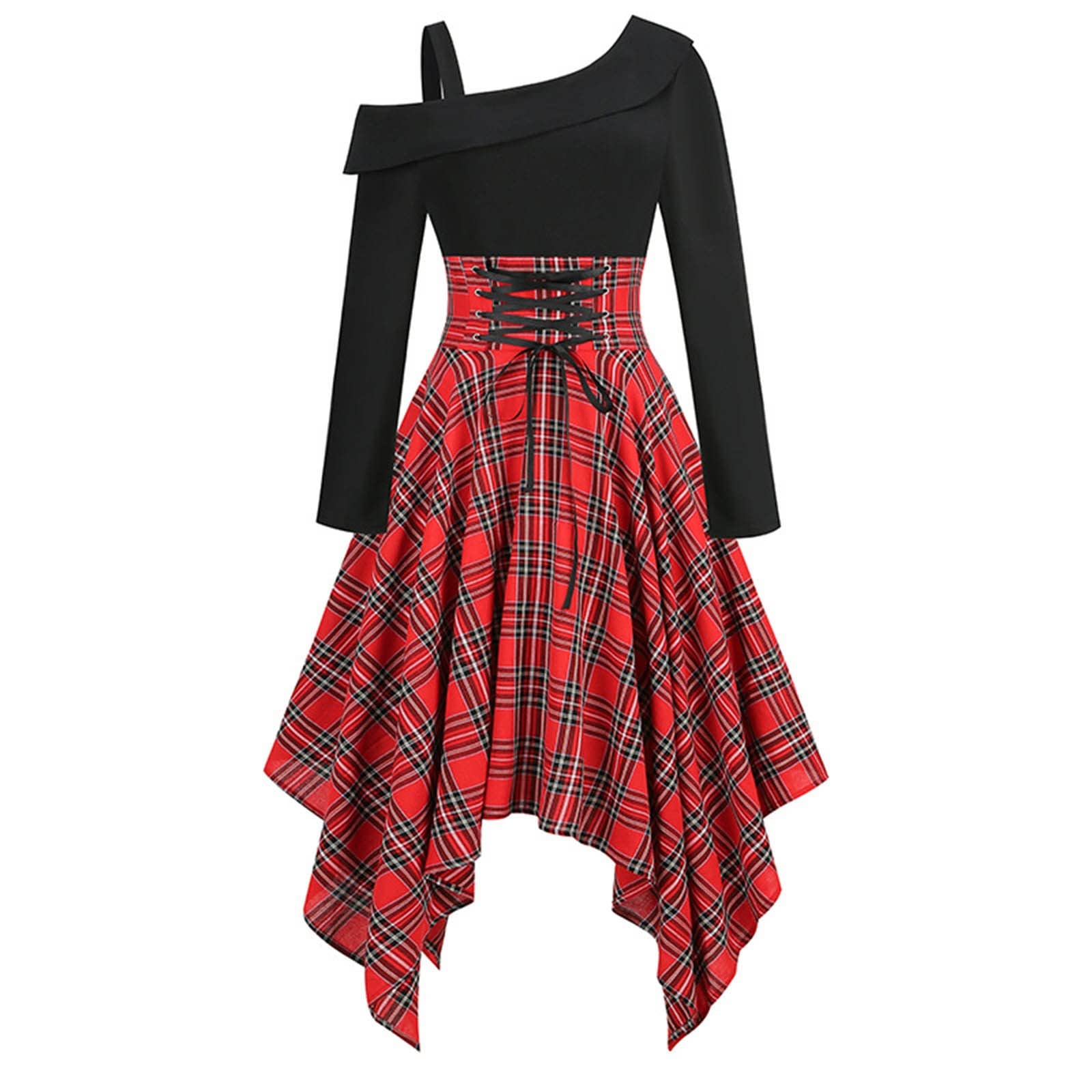 Gothic Women's Long Sleeve Cold Shoulder Plaid Dress - Halloween Party, Prom, Formal Occasions & Gothic Fashion Outfits