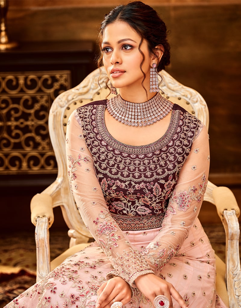 Pink & Purple Butterfly Net Anarkali Dress Suit with Bottom - Elegant Indian Ethnic Wear for Weddings, Parties & Festive Occasions